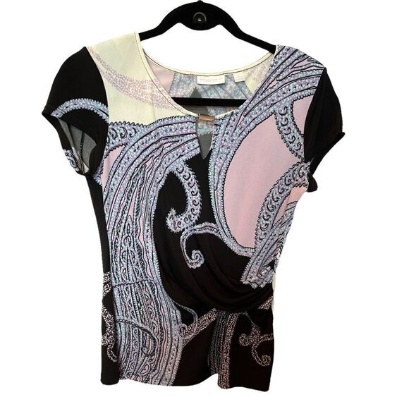 New York and Company Stretch blouse short sleeve Small Lavender, black, cream - Picture 1 of 6